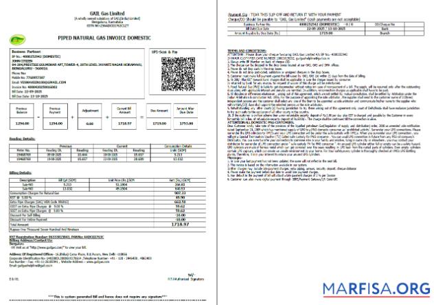 Downloadable India Gail Gas Limited utility bill template in Word and PDF formats, 2 pages